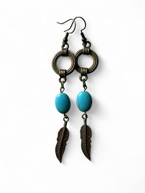 Handmade Boho Turquoise Feather Dangle Earrings - Western Artisan Jewelry